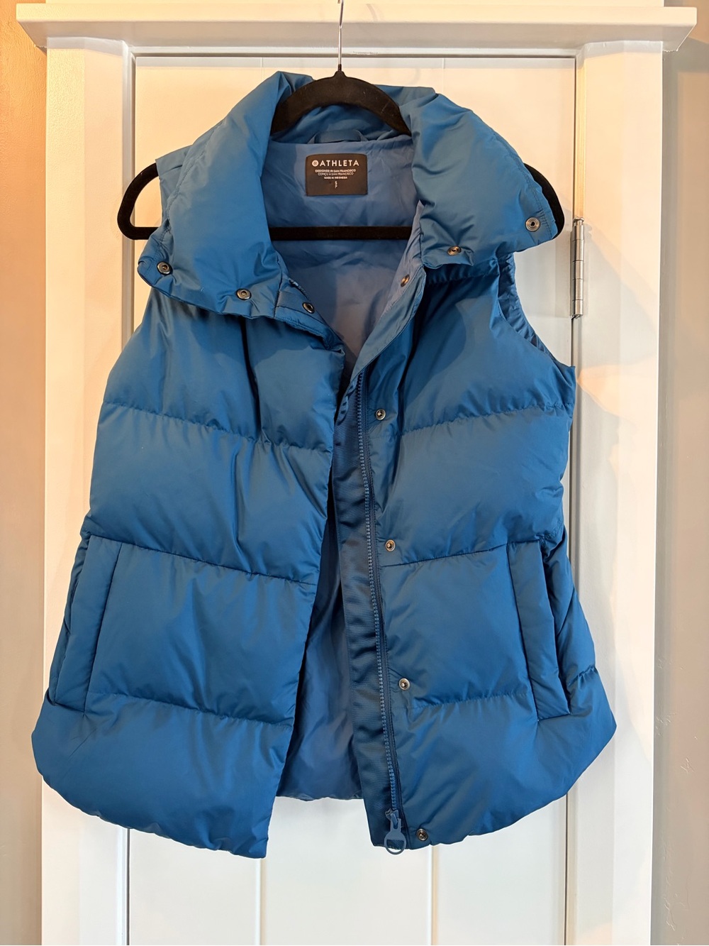 Athleta Blue Quilted Puffer Vest with High Collar